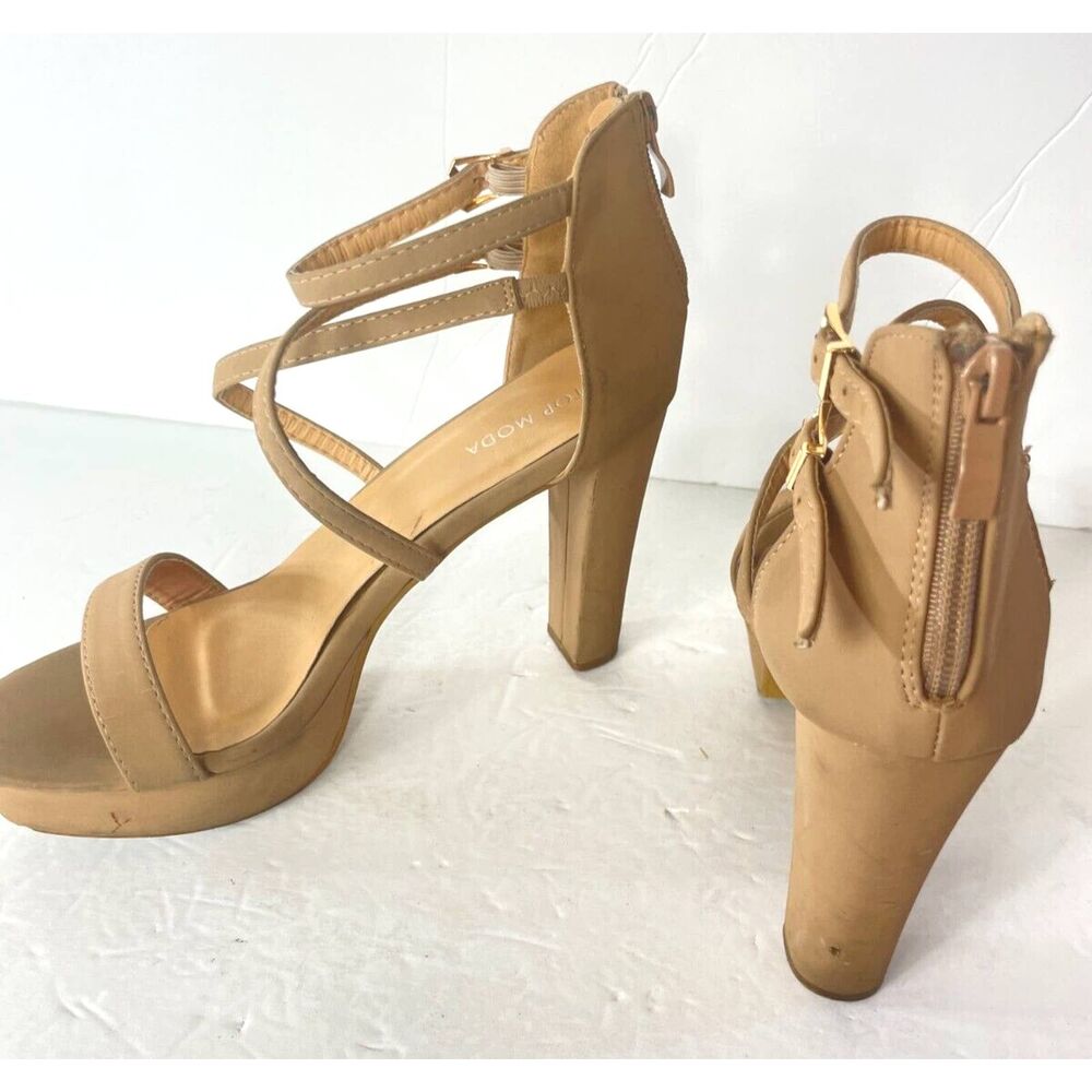 Top Moda Nude Open Toed Block High Heels Women's Strappy Lovely Double Buckle